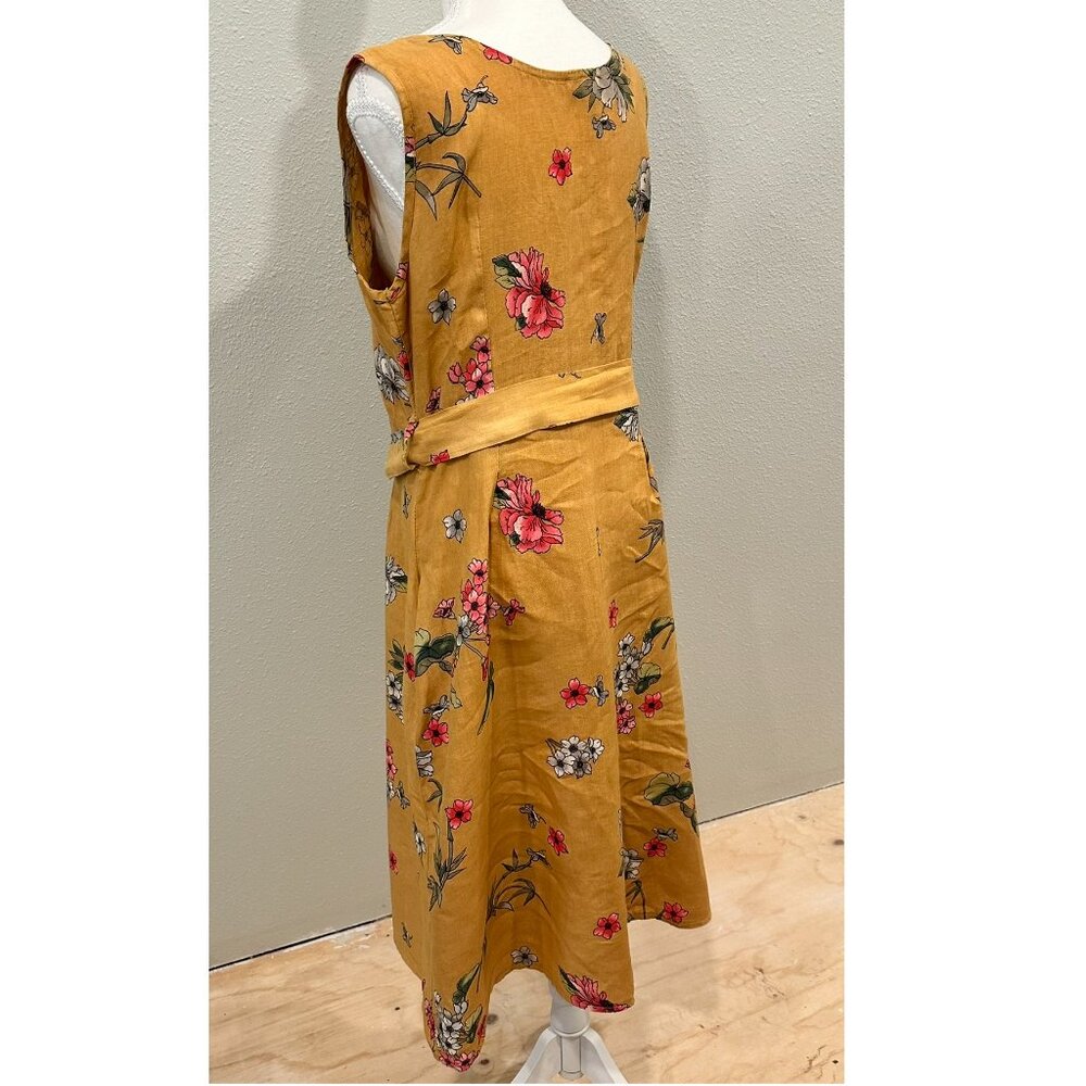 ROSEMARINE Made In Italy 100% Linen Midi Dress Mustard Yellow Floral Button Lrg - Picture 3 of 10